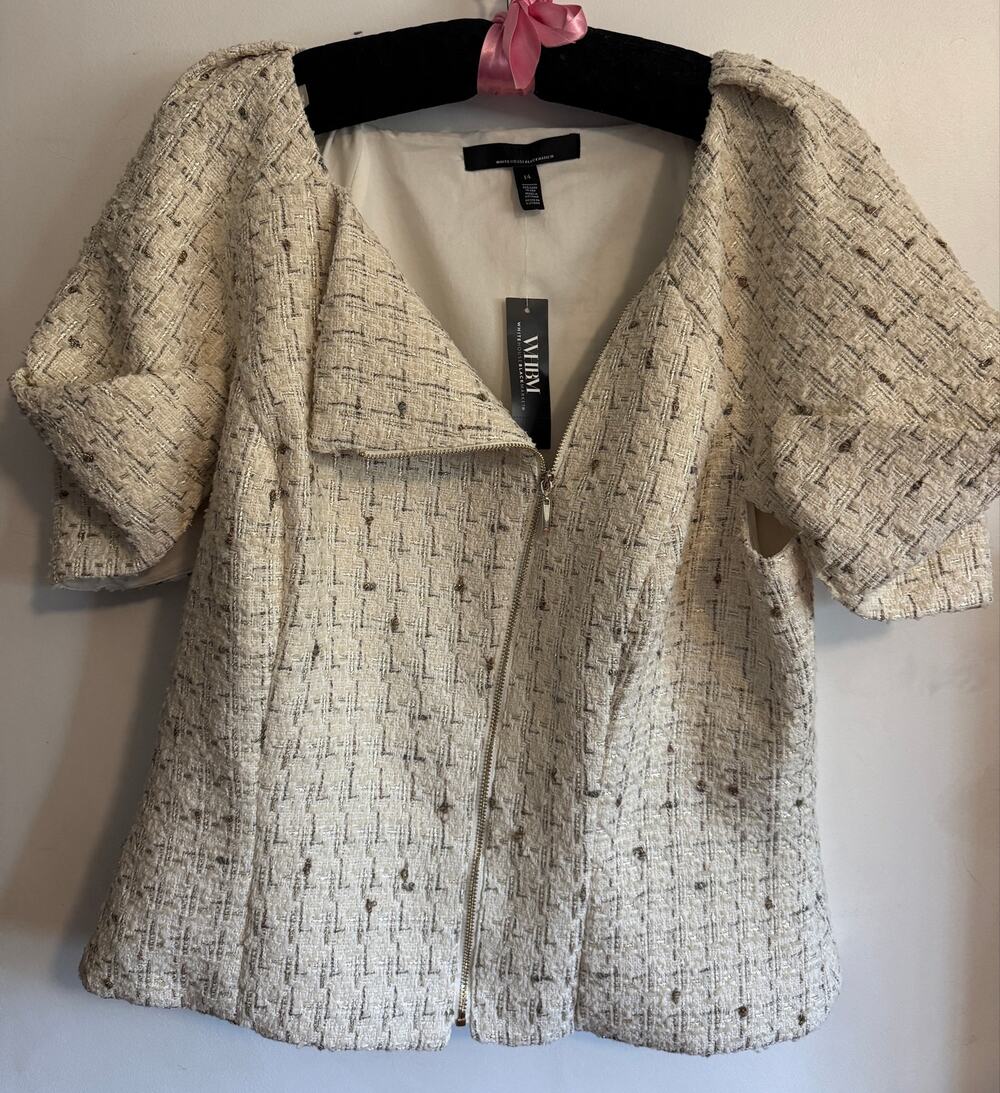 NWT White House Black Market Ecru Metallic Tweed Zip Front Blouse Size 14